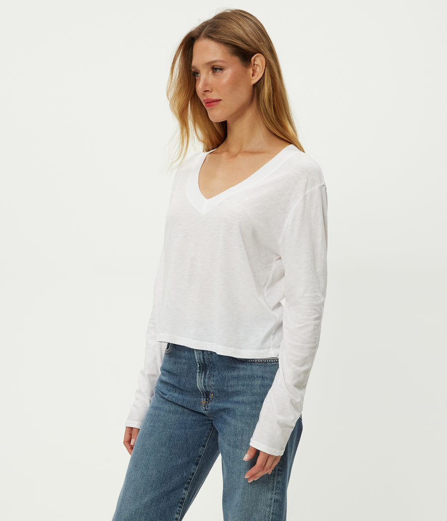 Brea Cropped V-Neck Tee in White Side View #WHITE