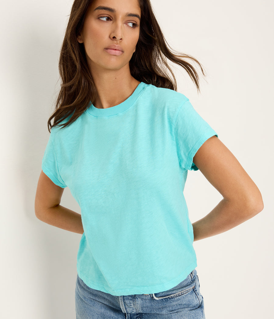 Grayson Cropped Tee in ARUBA BLUE GREEN Orange Close up View #ARUBA