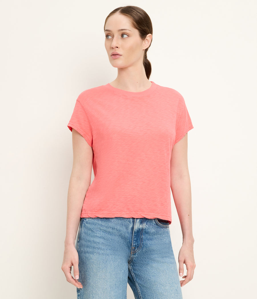 Grayson Cropped Tee in CORAL SHERBET Orange Close up View #CORAL SHERBET