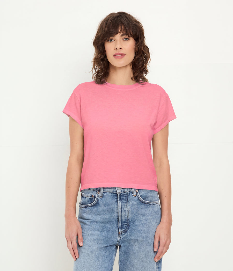 Grayson Cropped Tee in DRAGONFRUIT Pink Full Body View #DRAGONFRUIT