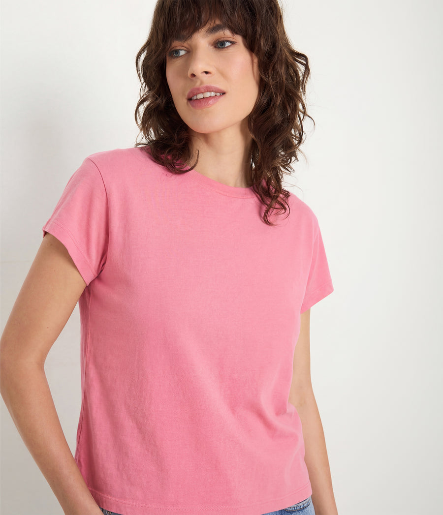 Grayson Cropped Tee in DRAGONFRUIT Pink Close Up View #DRAGONFRUIT