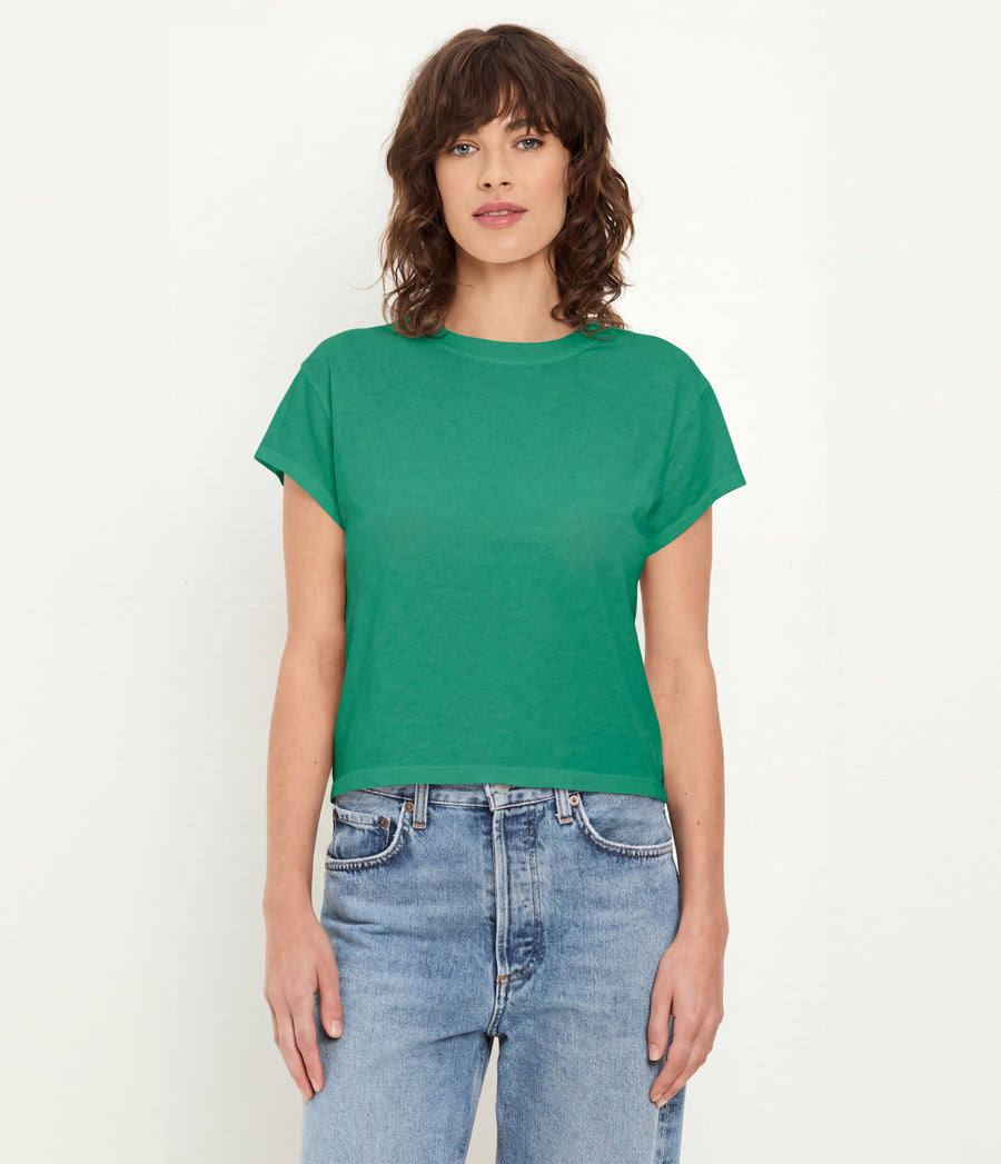 Grayson Cropped Tee in MALDIVES Green Close up View #MALDIVES