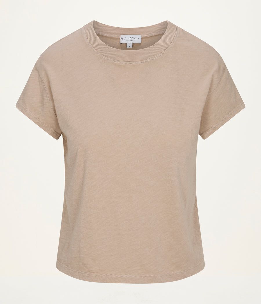 Grayson Cropped Tee in  MACADAMIA Beige Close up View #MACADAMIA