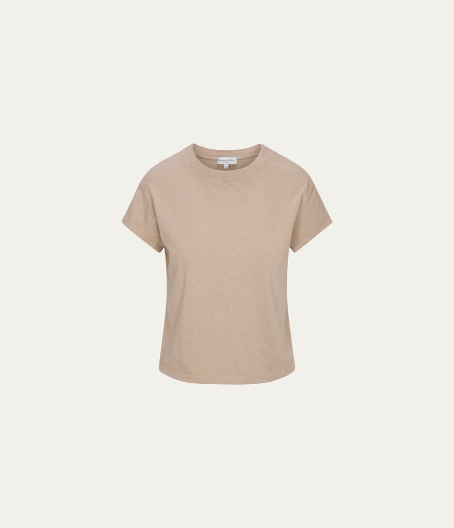 Grayson Cropped Tee in  MACADAMIA Beige Close up View #MACADAMIA