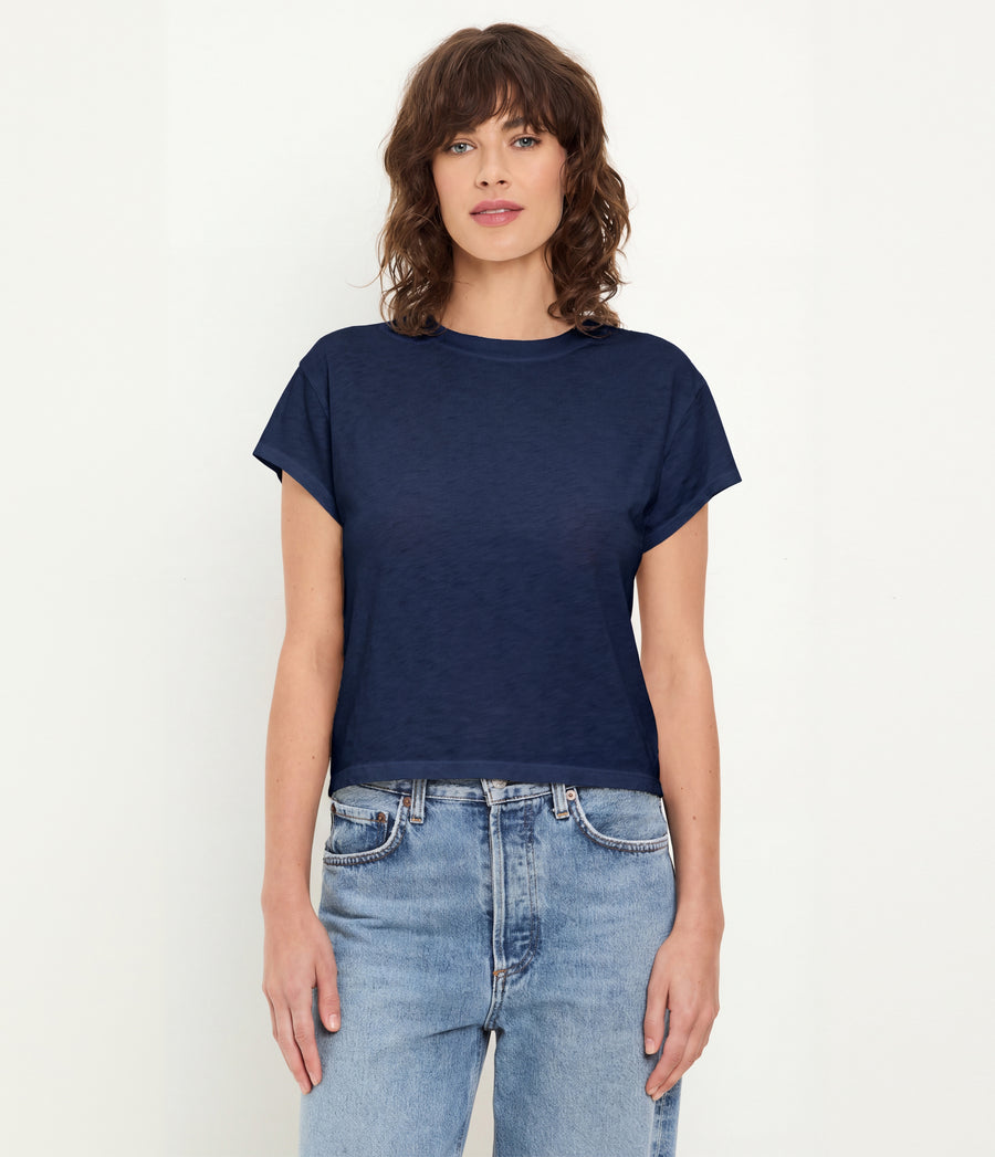 Grayson Cropped Tee in Nocturnal Blue Full Body View #NOCTURNAL