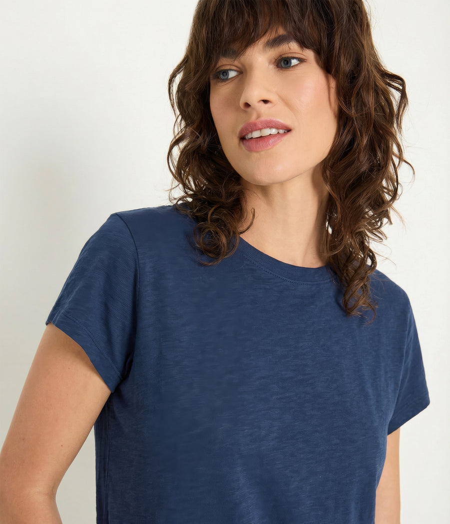 Grayson Cropped Tee in Nocturnal Blue Close up View  #NOCTURNAL