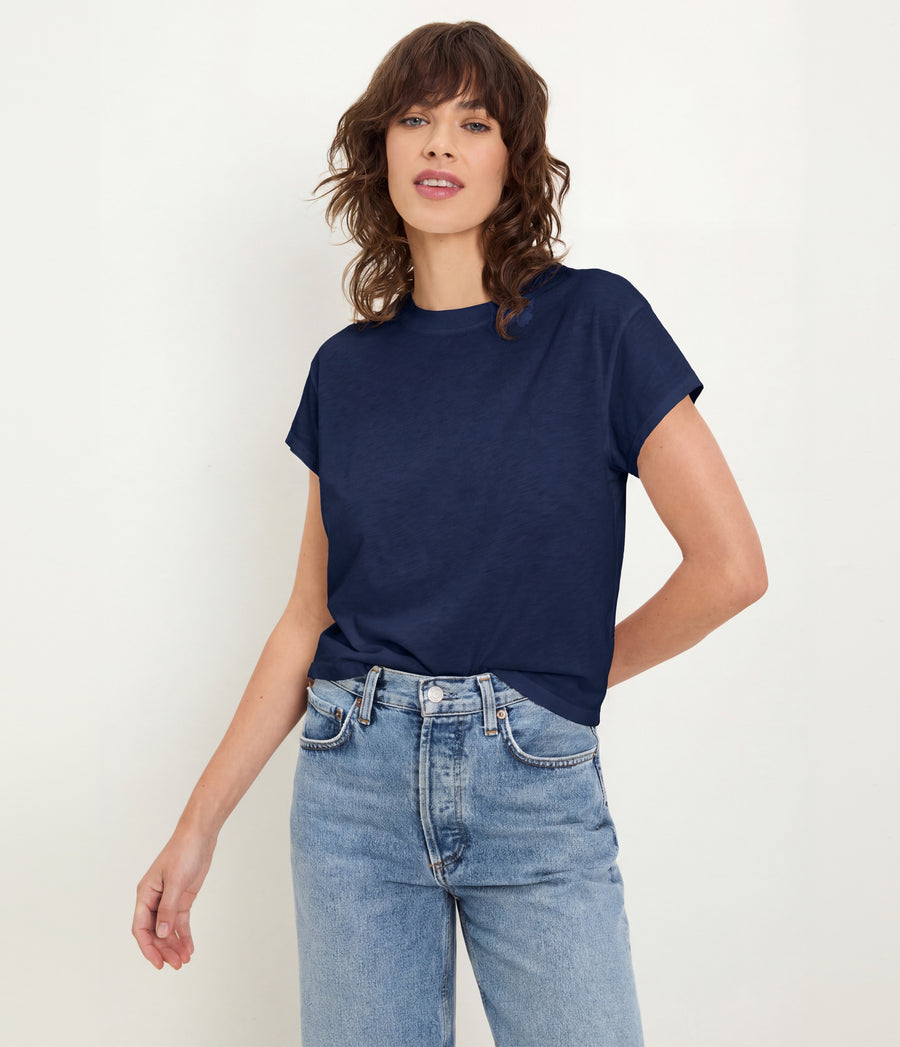 Grayson Cropped Tee in Nocturnal Blue Close up View  #NOCTURNAL