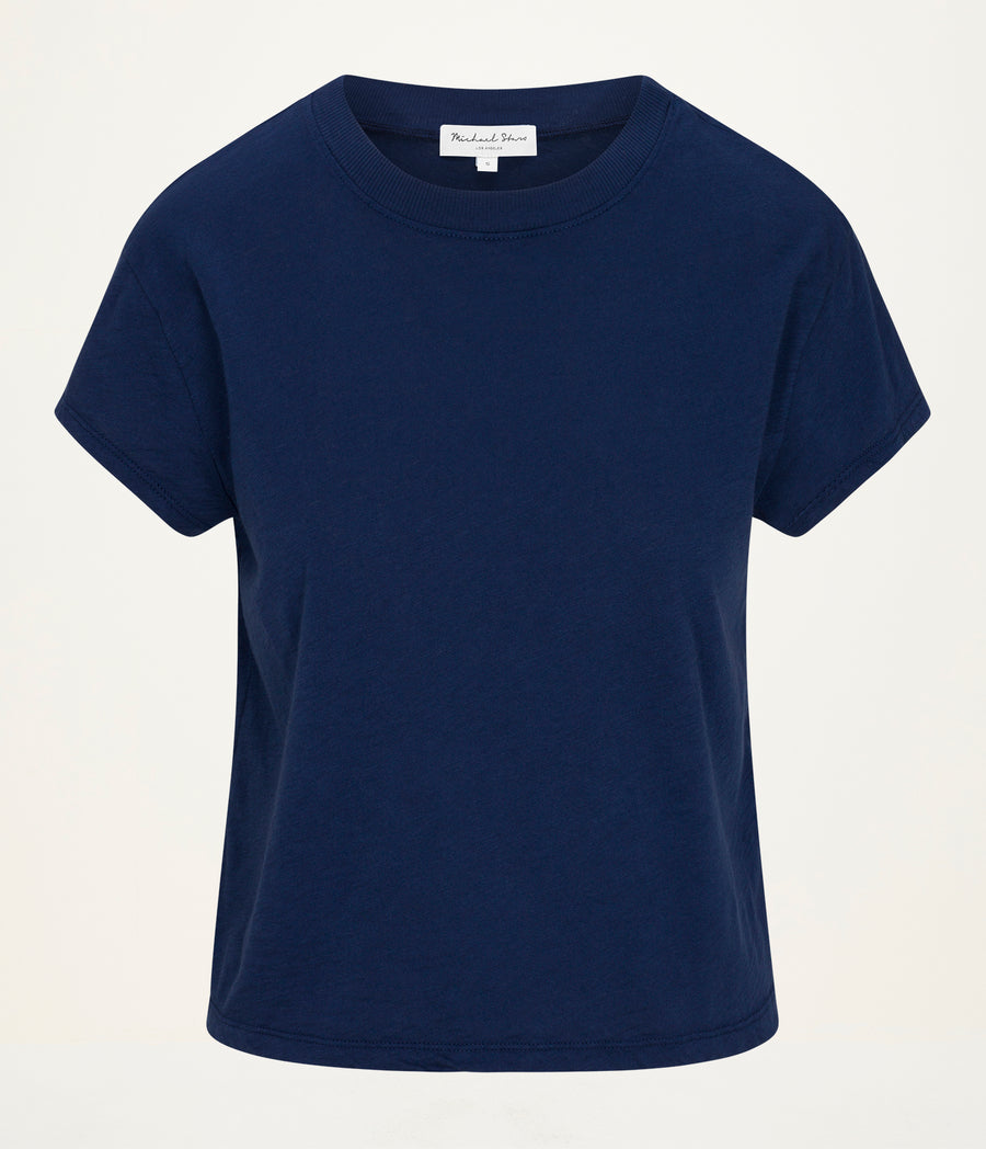 Grayson Cropped Tee in Nocturnal Blue Close up View  #NOCTURNAL