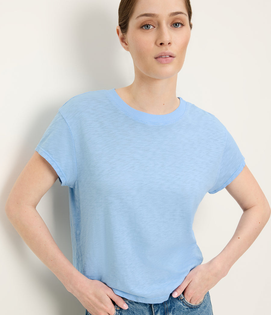 Grayson Cropped Tee in SKY Blue Close up View #SKY
