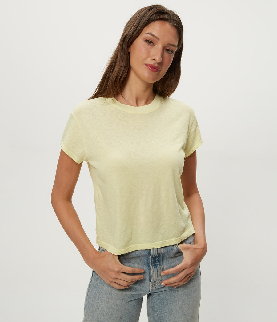 Grayson Cropped Tee in BUTTERCUP Yellow Close Up View #BUTTERCUP