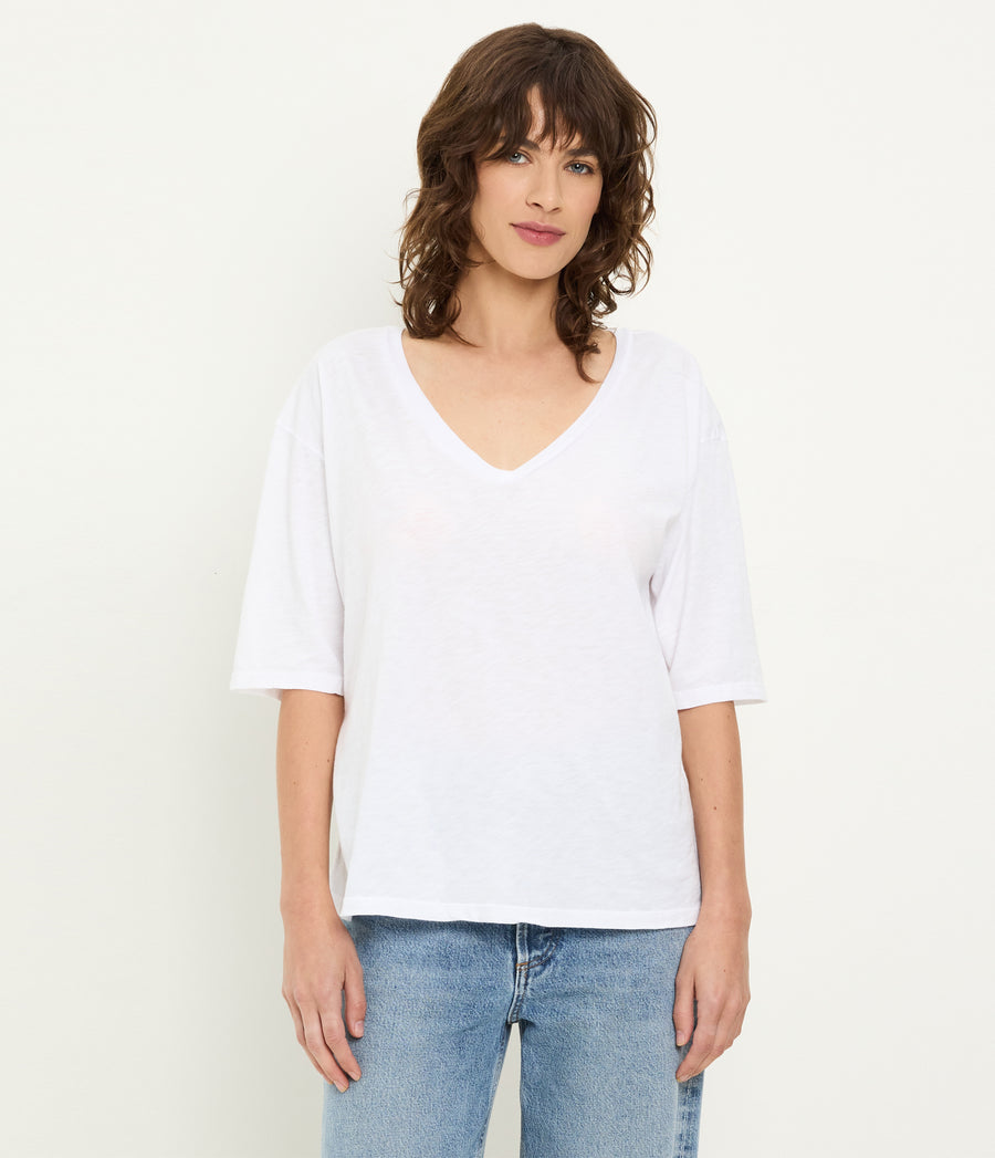 Liam V-Neck Tee in White Full Body View #WHITE