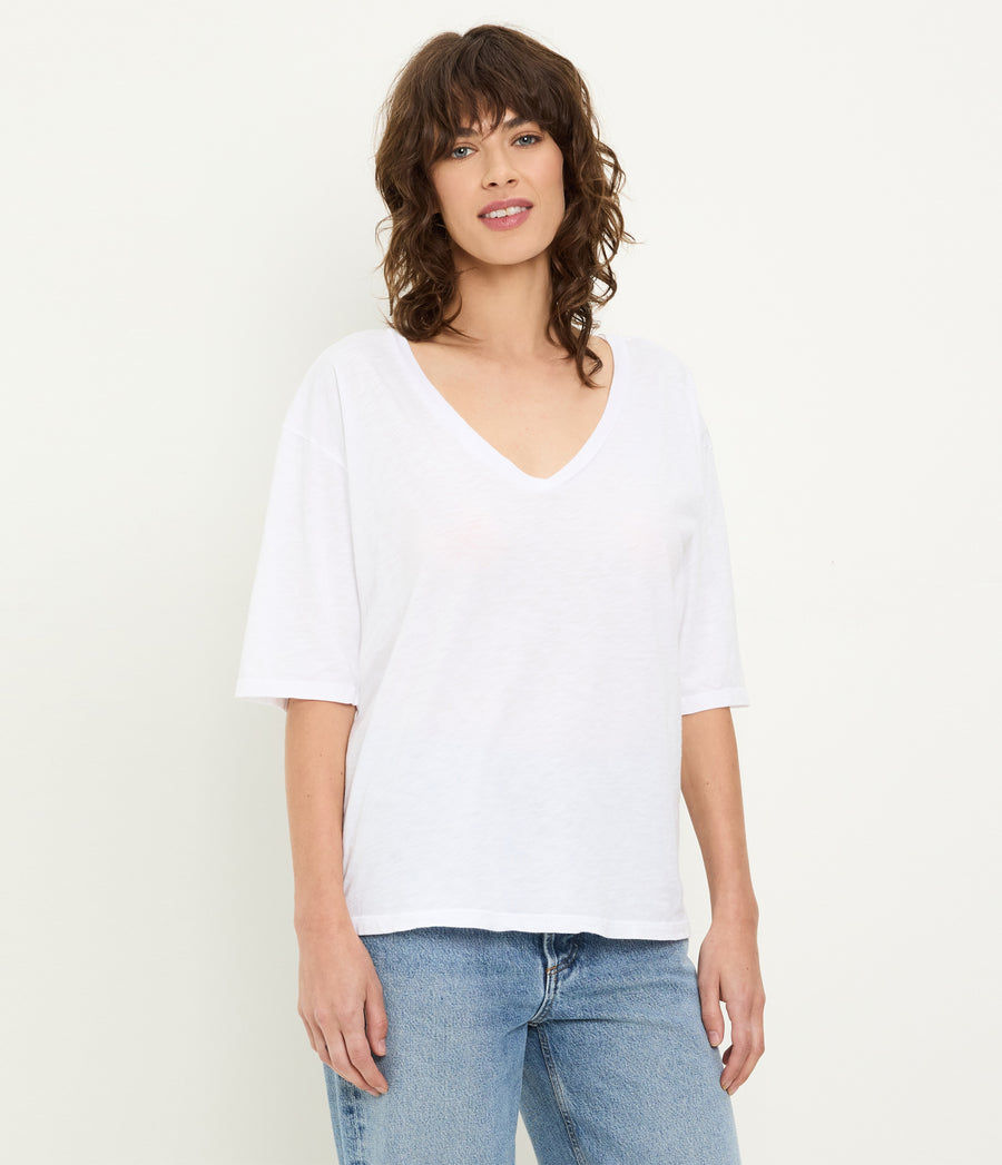 Liam V-Neck Tee in White Full Body View #WHITE