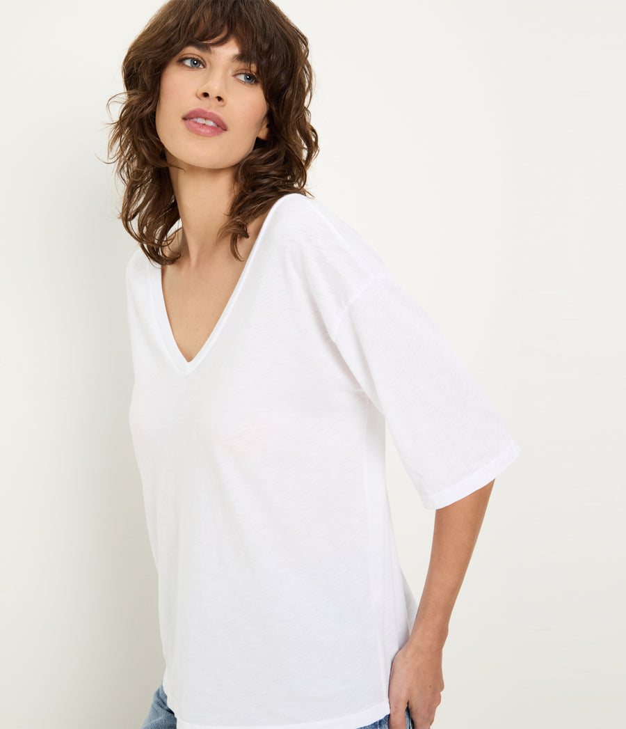 Liam V-Neck Tee in White Close up View #WHITE