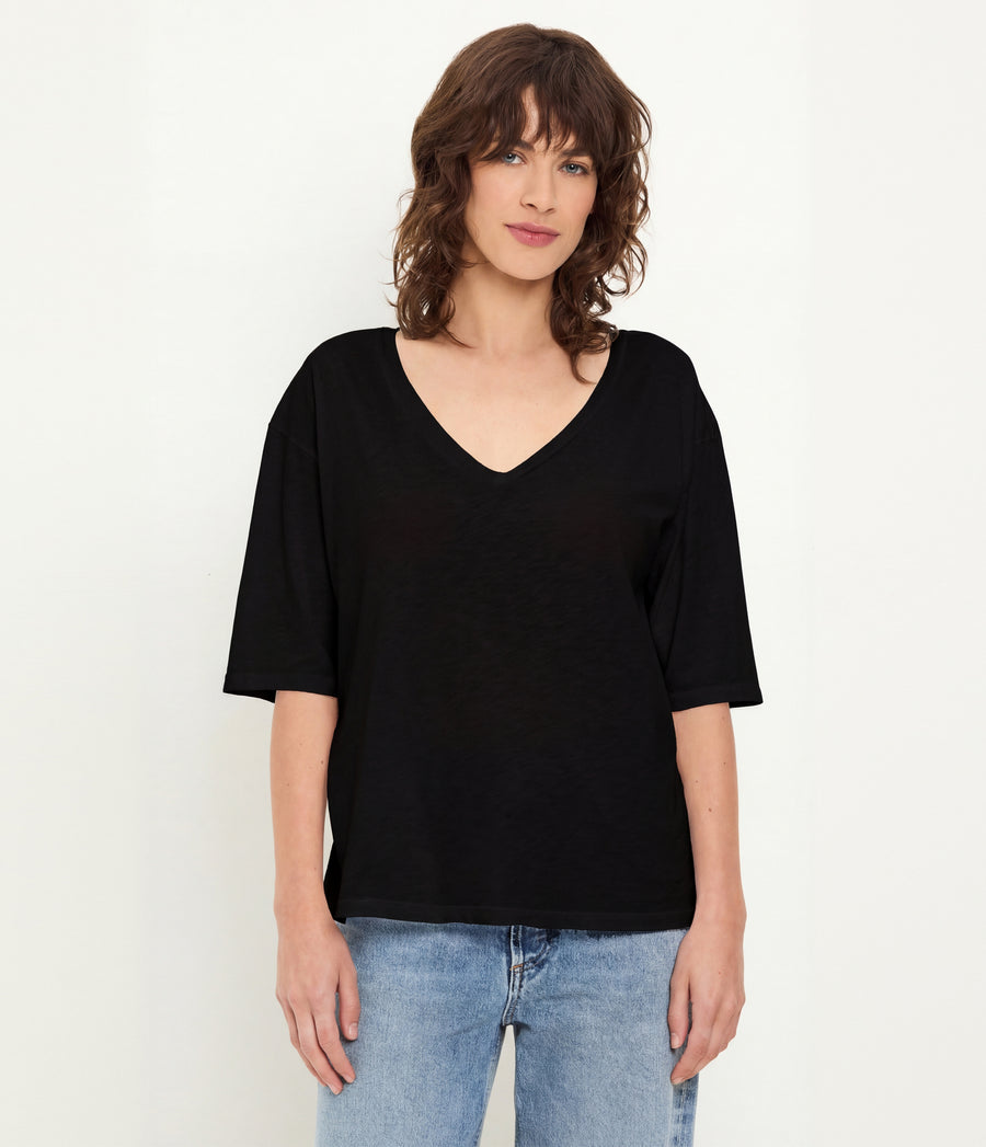 Liam V-Neck Tee in Black Full Body View #BLACK