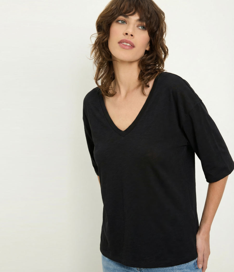 Liam V-Neck Tee in Black Close up View #BLACK