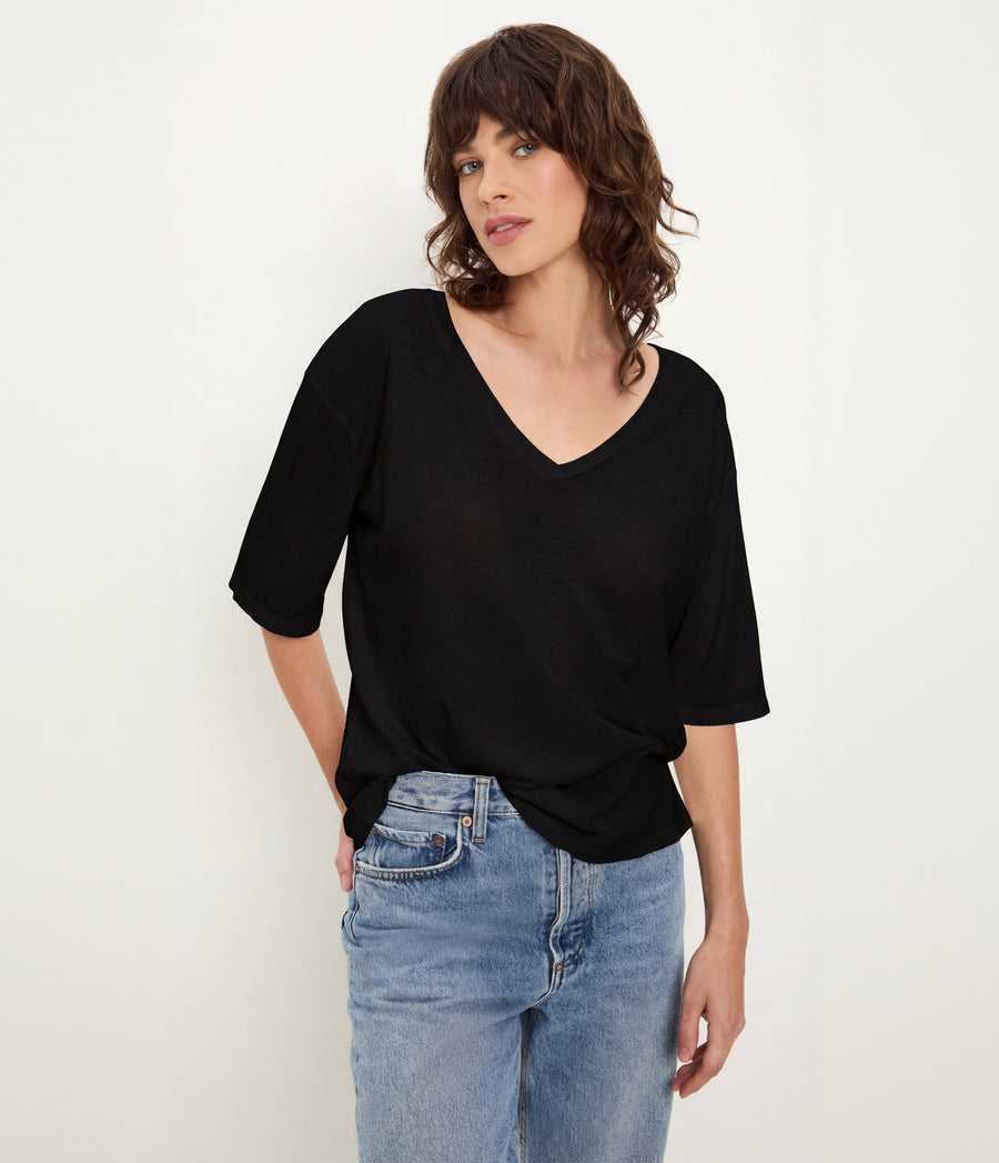 Liam V-Neck Tee in Black Full Body View #BLACK