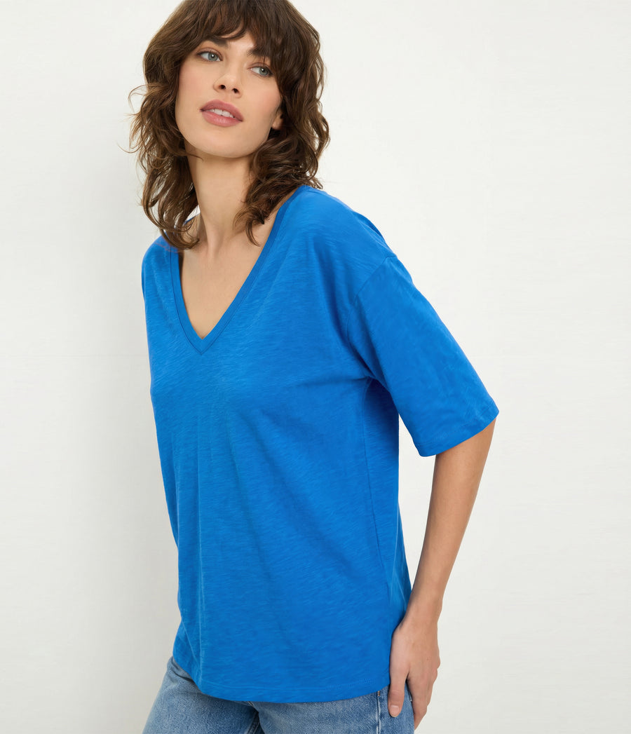 Liam V-Neck Tee in BABY BLUE Blue Close up View #BLUE RIBBON
