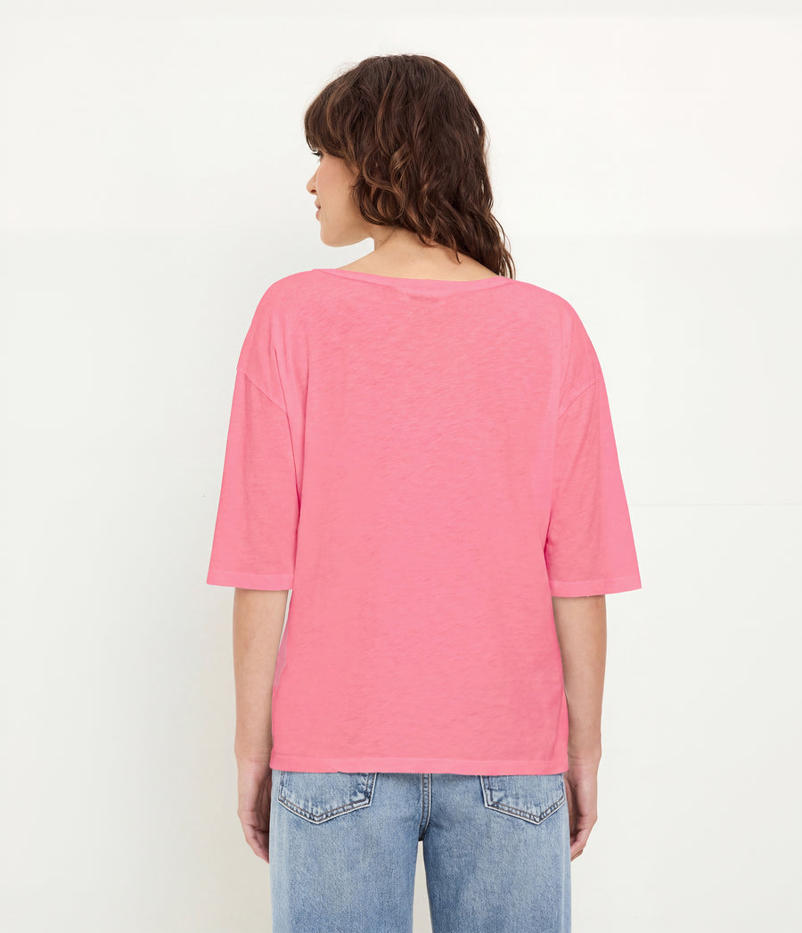 Liam V-Neck Tee in DRAGONFRUIT Pink Side View #DRAGONFRUIT