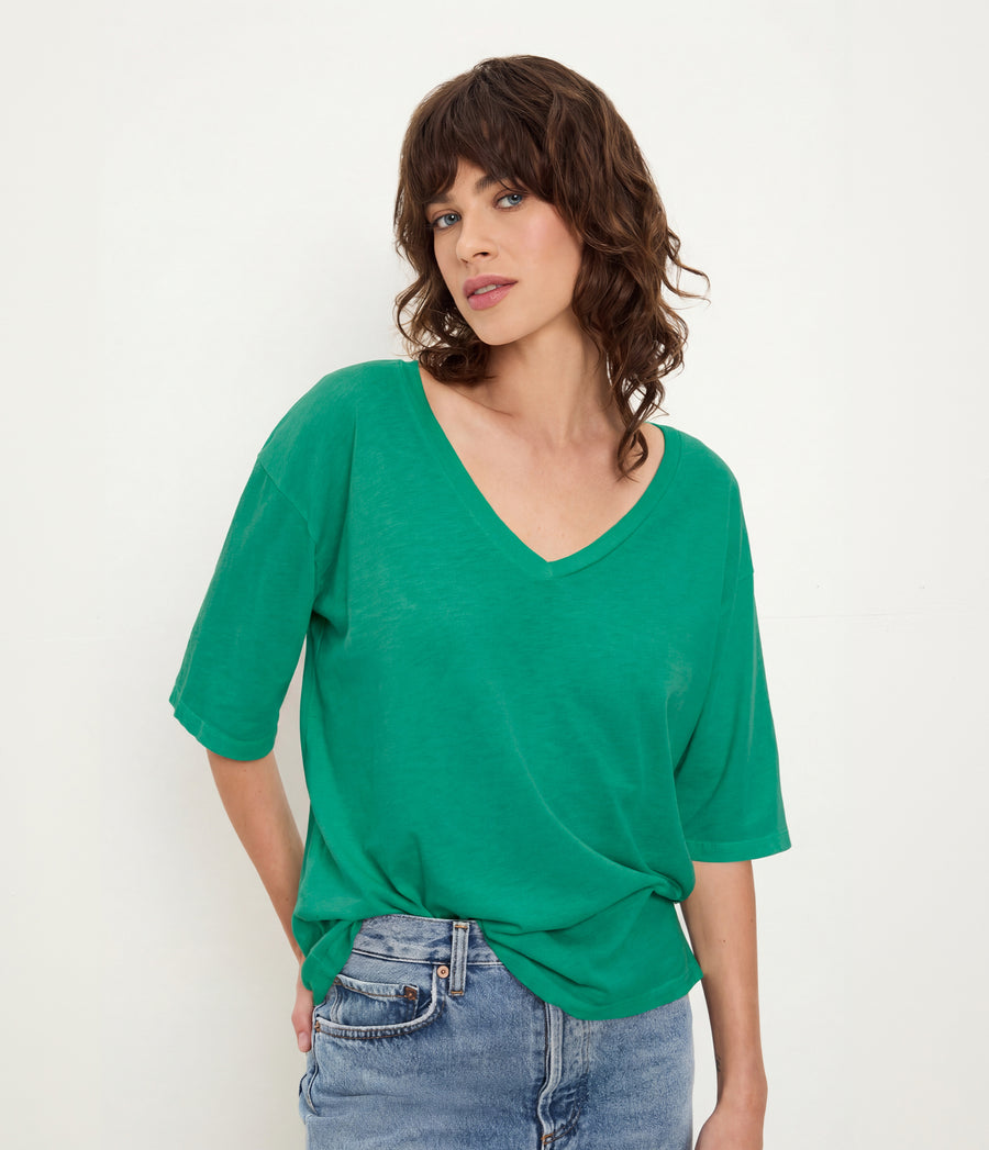 Liam V-Neck Tee in MALDIVES Green Close up View #MALDIVES