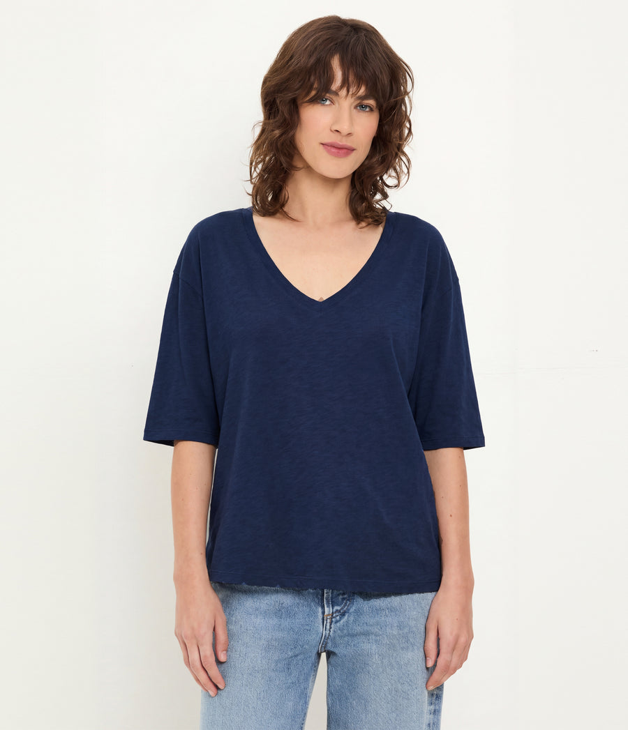 Liam V-Neck Tee in Nocturnal Blue Full Body View #NOCTURNAL