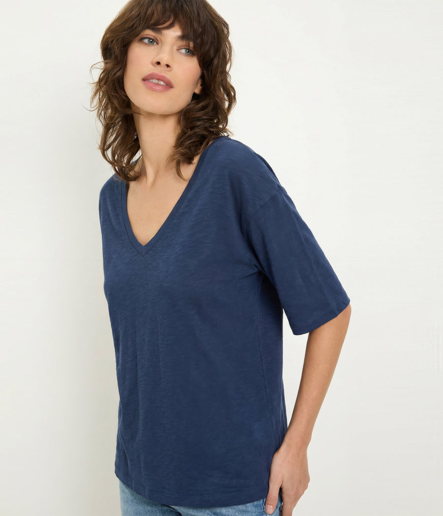 Liam V-Neck Tee in Nocturnal Blue Close up View  #NOCTURNAL
