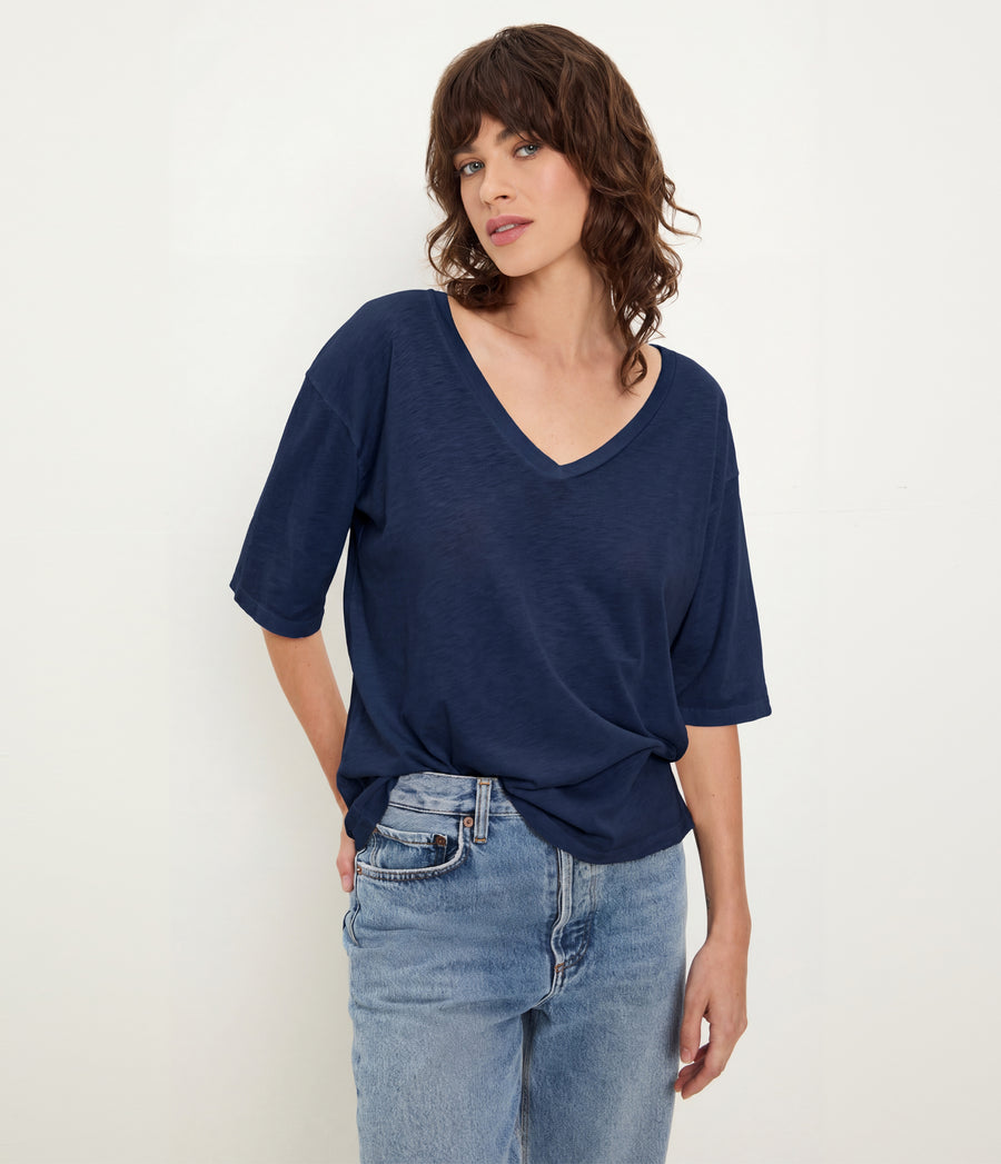Liam V-Neck Tee in Nocturnal Blue Full Body View #NOCTURNAL