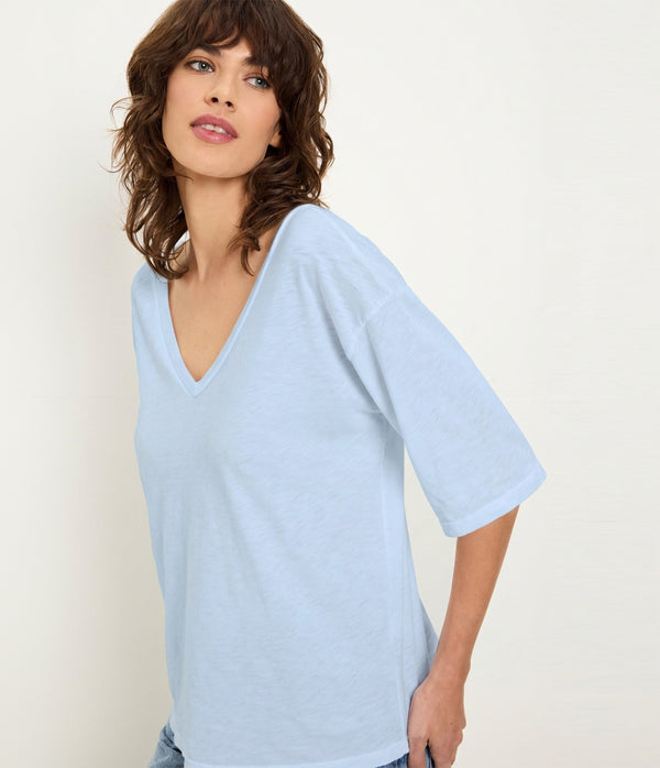 Liam V-Neck Tee in SPLASH Blue Close up View #SPLASH