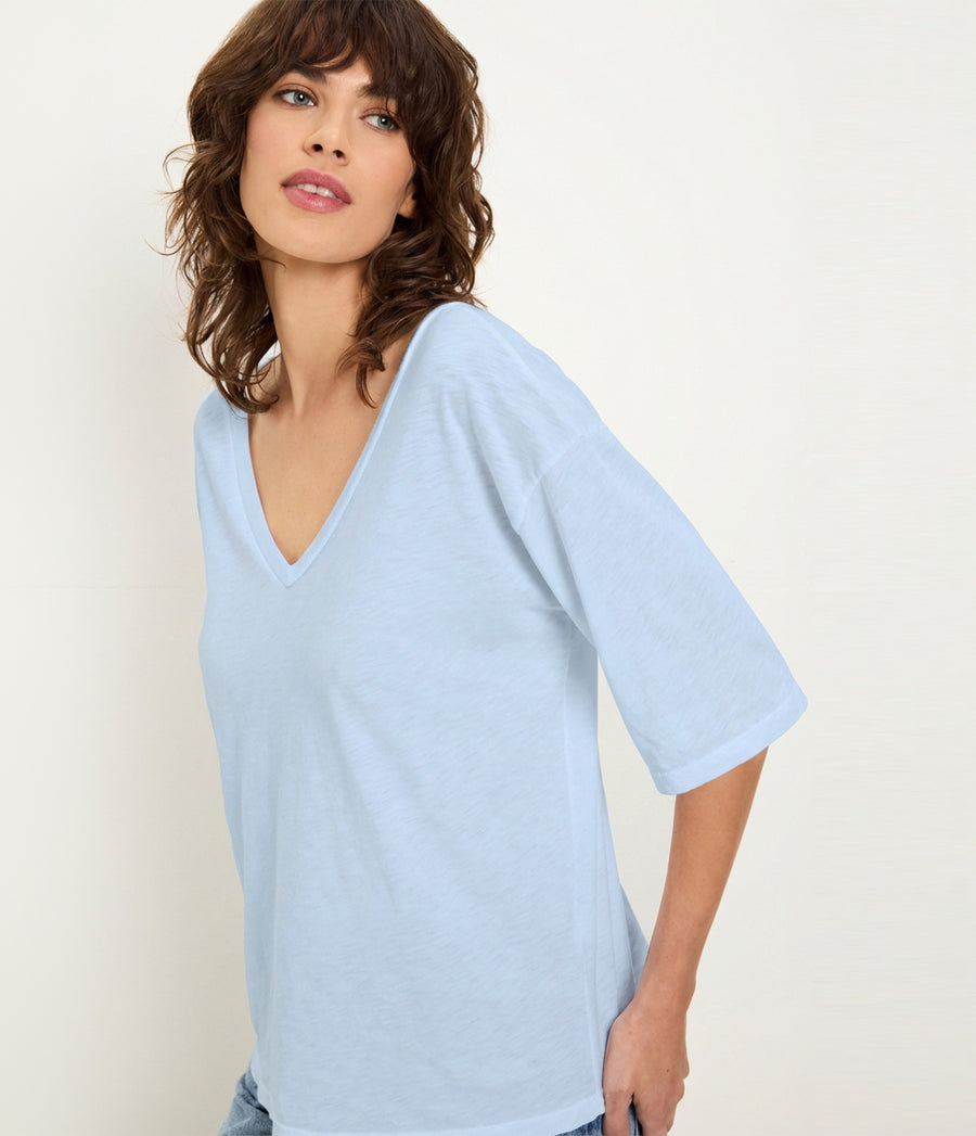 Liam V-Neck Tee in SPLASH Blue Close up View #SPLASH