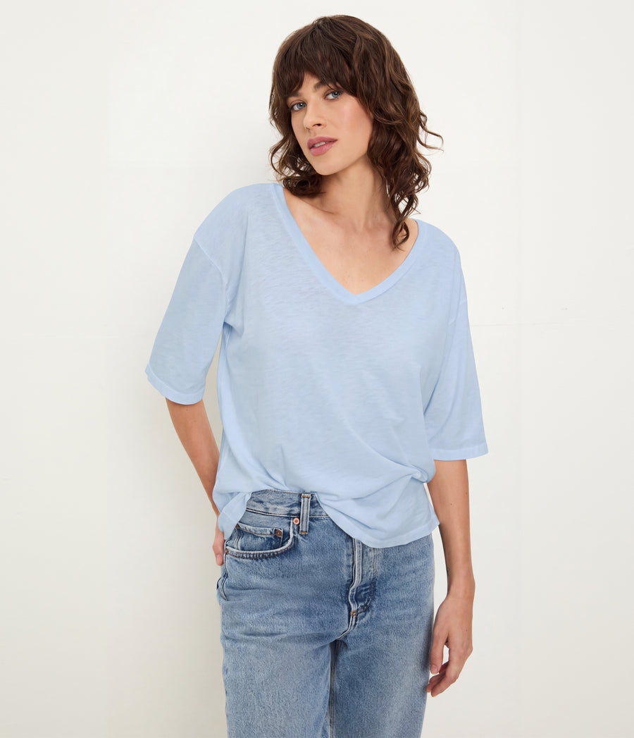 Liam V-Neck Tee in SPLASH Blue Full Body View #SPLASH