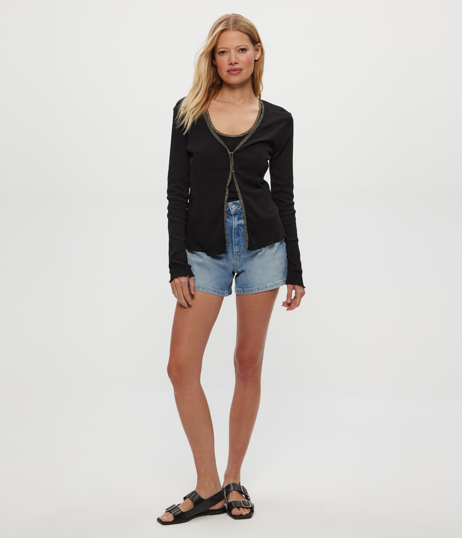 Beatrice Supima Rib Lace V-Neck Cardigan in Black  Full Body View #BLACK