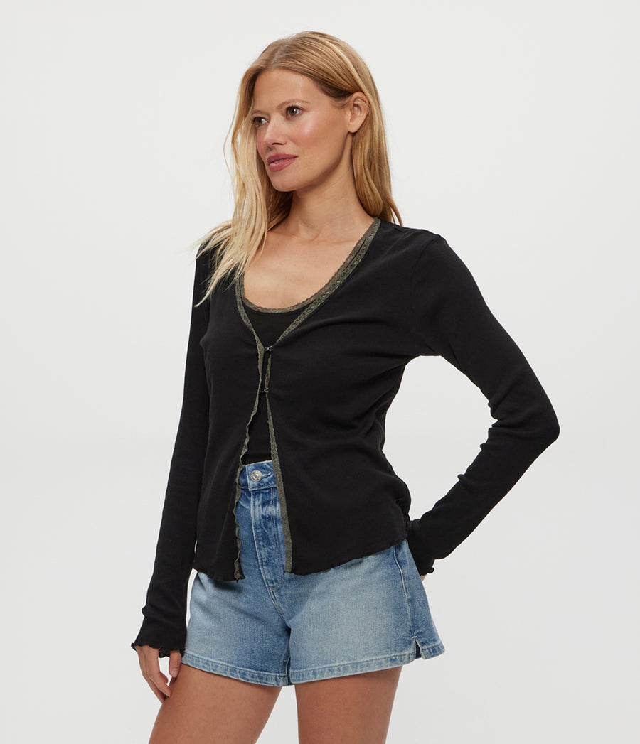 Beatrice Supima Rib Lace V-Neck Cardigan in Black  Side View #BLACK