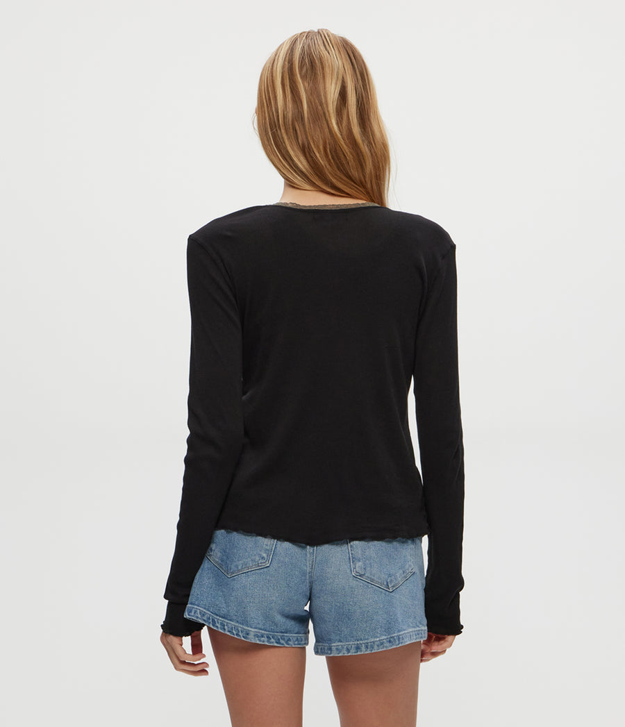 Beatrice Supima Rib Lace V-Neck Cardigan in Black  Back View #BLACK