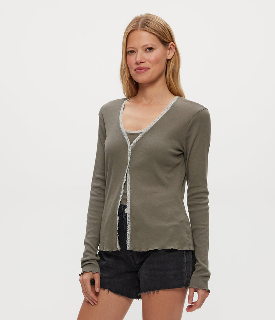 Beatrice Supima Rib Lace V-Neck Cardigan in Olive Green Side View #OLIVE
