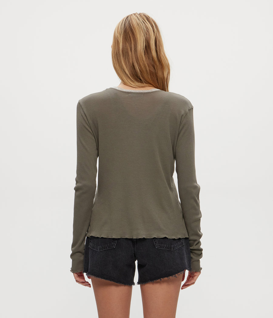 Beatrice Supima Rib Lace V-Neck Cardigan in Olive Green Back View #OLIVE