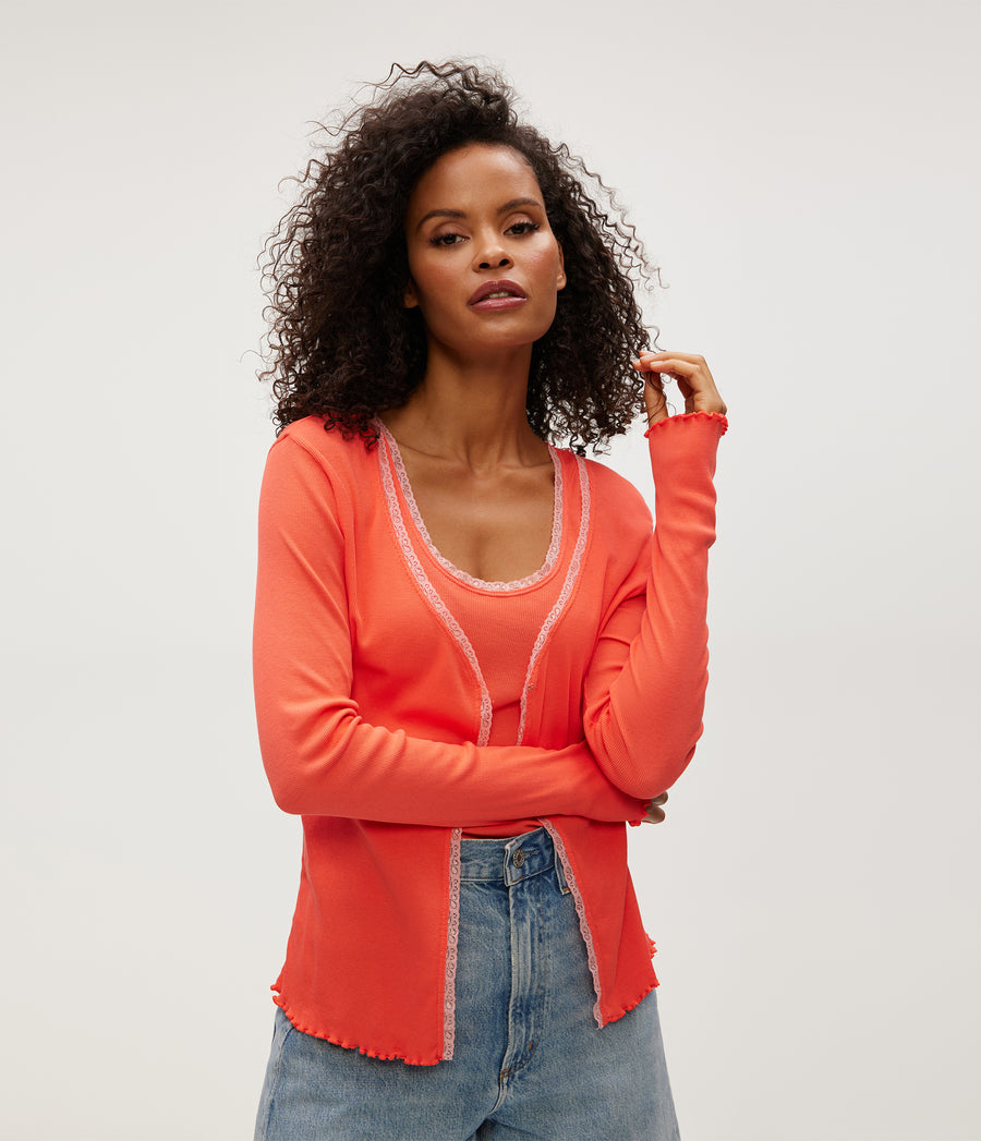 Beatrice Supima Rib Lace V-Neck Cardigan in PERSIMMON ORANGE Close Up View #PERSIMMON