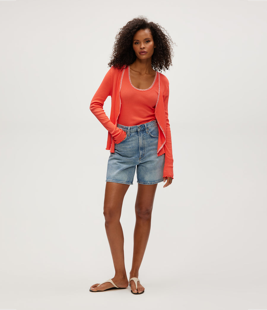 Beatrice Supima Rib Lace V-Neck Cardigan in PERSIMMON ORANGE Full Body View #PERSIMMON