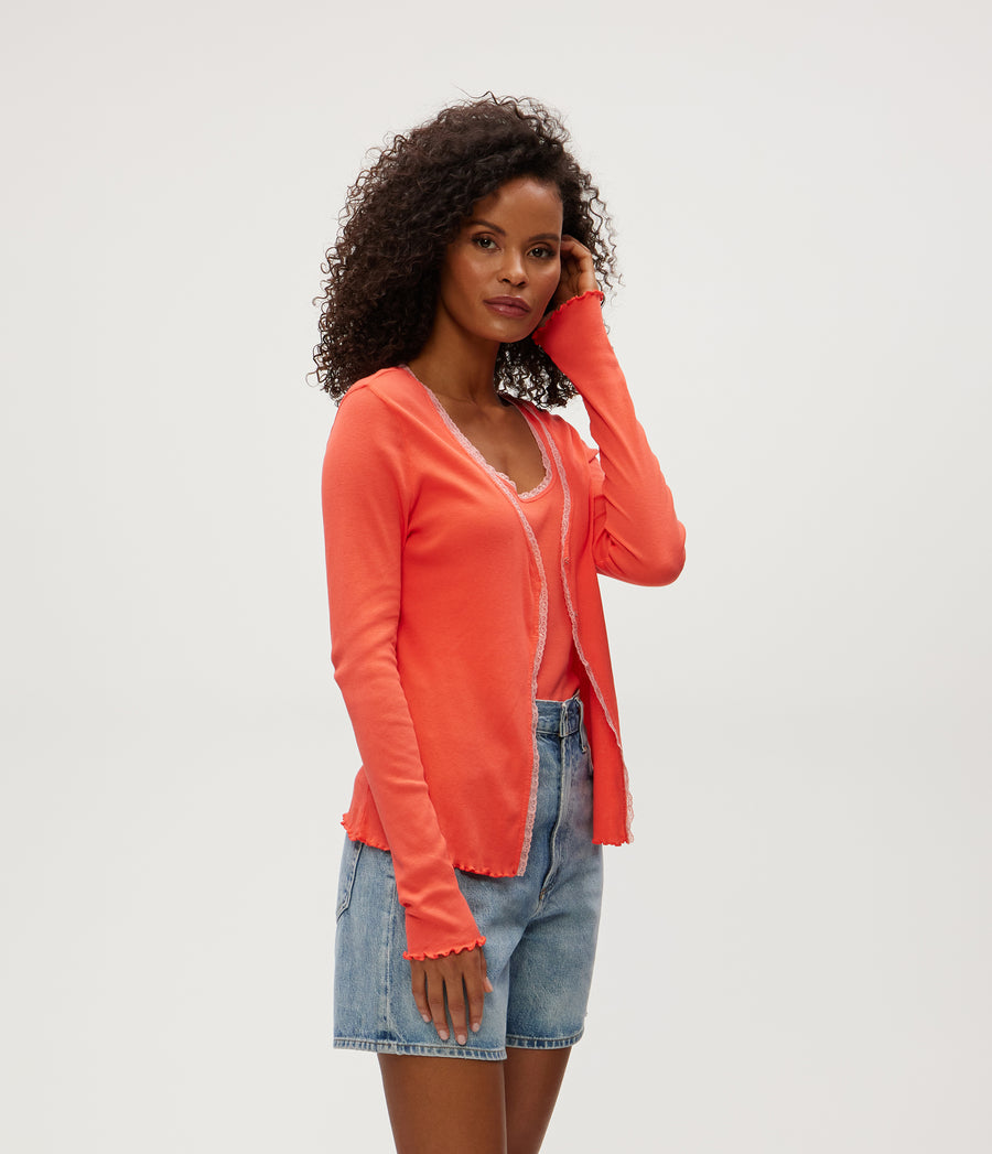 Beatrice Supima Rib Lace V-Neck Cardigan in PERSIMMON ORANGE Side View #PERSIMMON