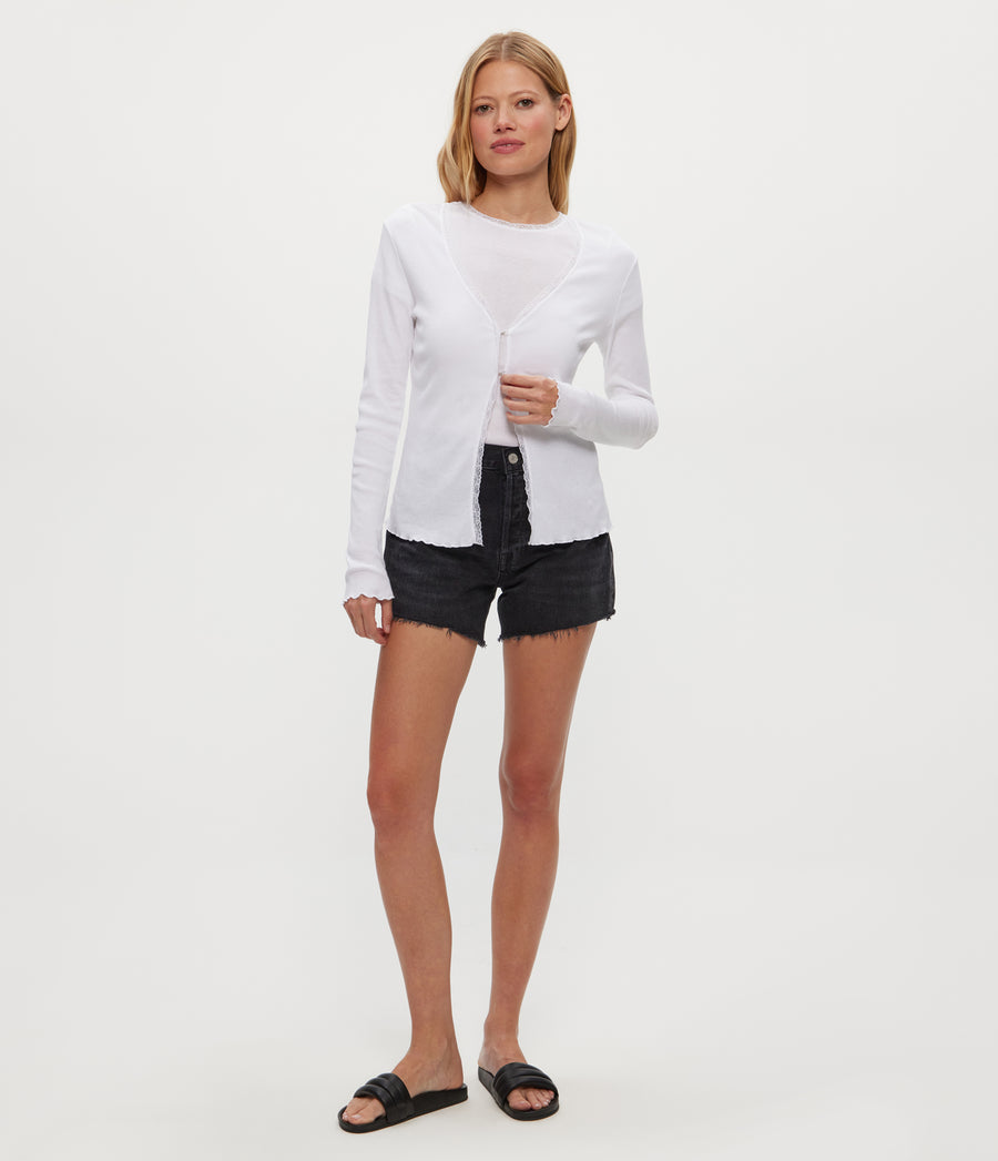 Beatrice Supima Rib Lace V-Neck Cardigan in White  Full Body View #WHITE