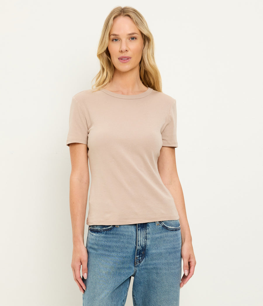 Mady Supima Tee in  MACADAMIA Beige Full Body View #MACADAMIA