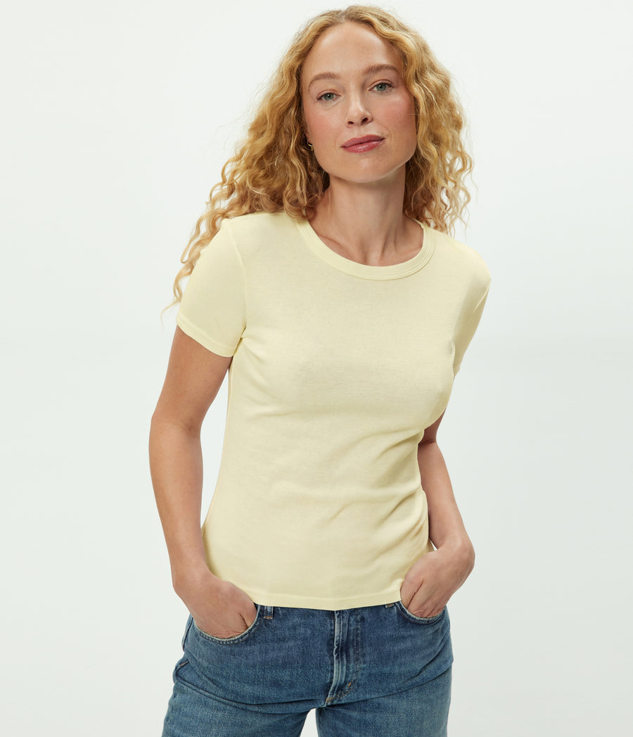 Mady Supima Tee in BUTTERCUP Yellow Close Up View #BUTTERCUP