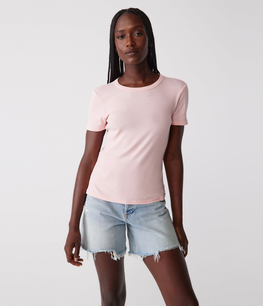 Mady Supima Tee in Grapefruit Pink Close Up View #GRAPEFRUIT