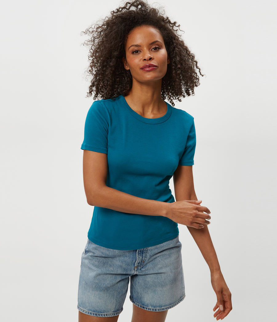 Mady Supima Tee in LAGOON GREEN Close up View #LAGOON