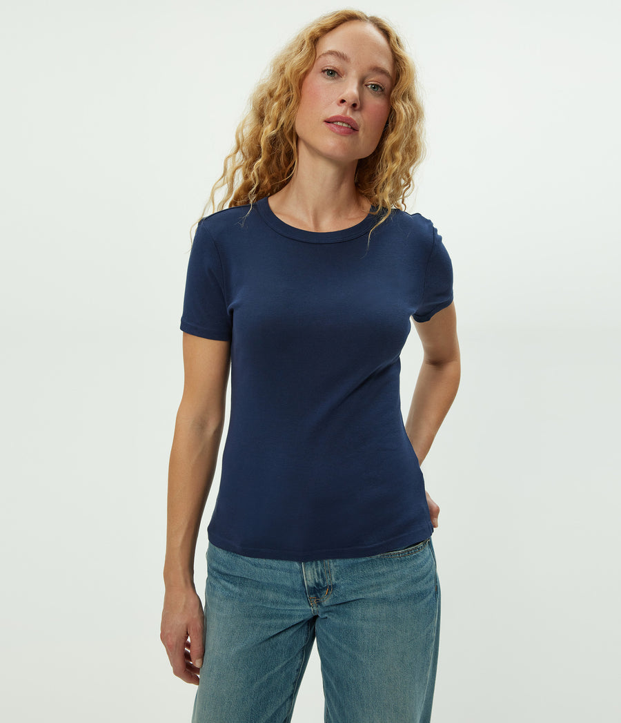 Mady Supima Tee in Nocturnal Blue Close up View  #NOCTURNAL