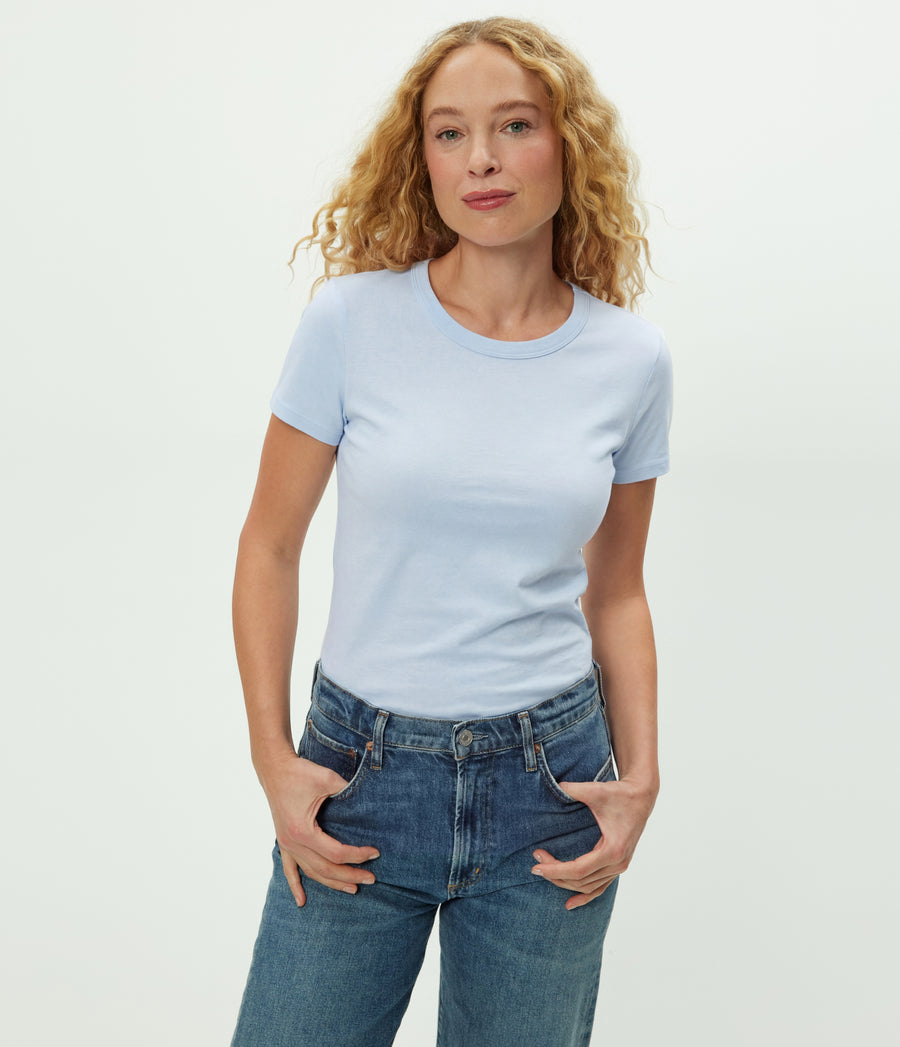Mady Supima Tee in SPLASH Blue Close up View #SPLASH