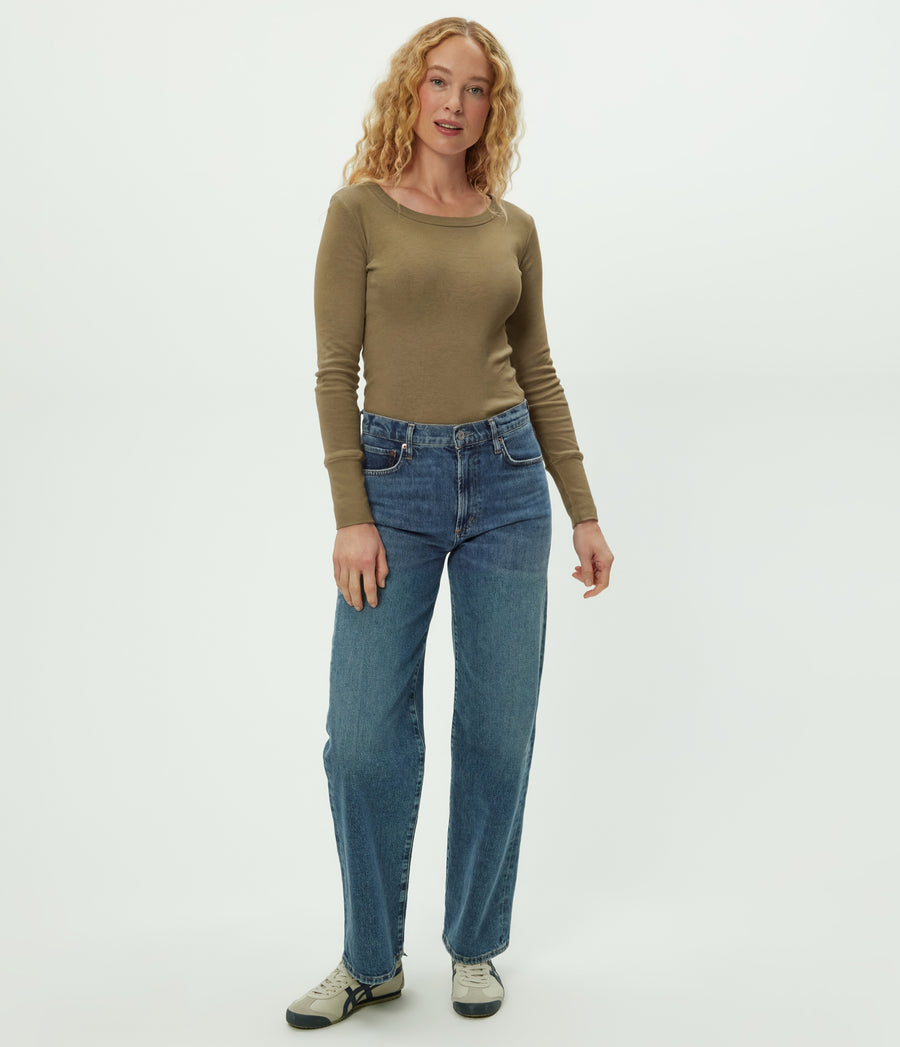 Legacy Supima Tee with Raw Edge in CAPER Green Full Body View #CAPER