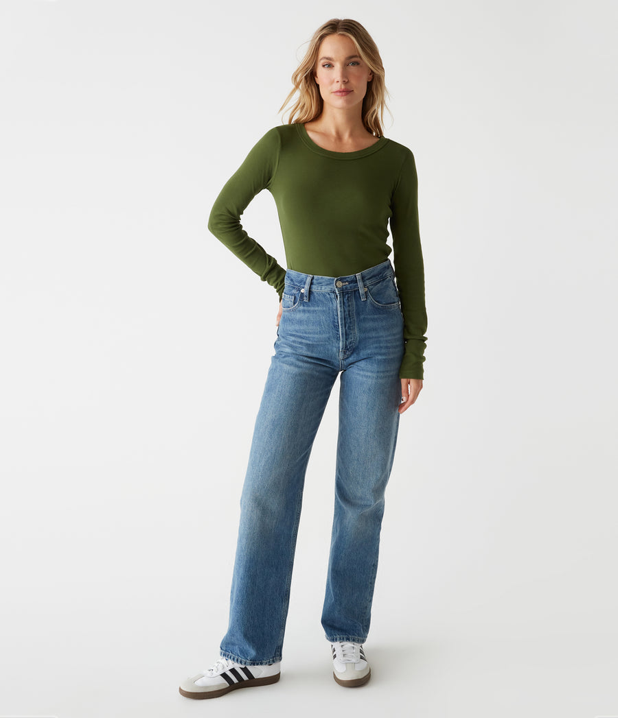 Legacy Supima Tee with Raw Edge in Dark Matcha Green Full Body View #DARK MATCHA