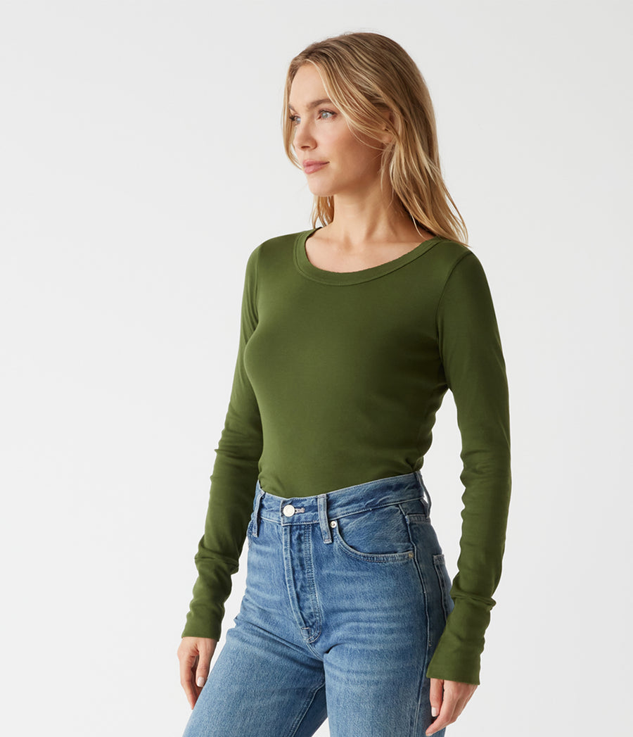Legacy Supima Tee with Raw Edge in Dark Matcha Green Side View #DARK MATCHA