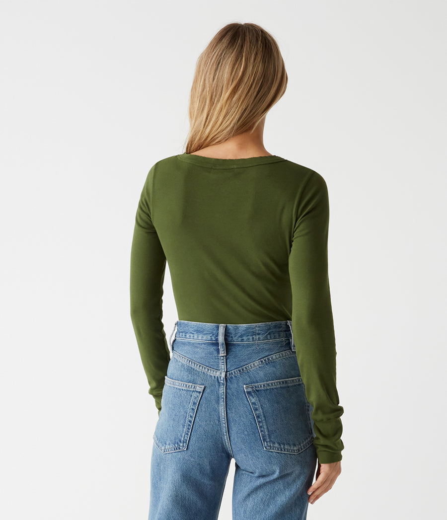 Legacy Supima Tee with Raw Edge in Dark Matcha Green Back View #DARK MATCHA