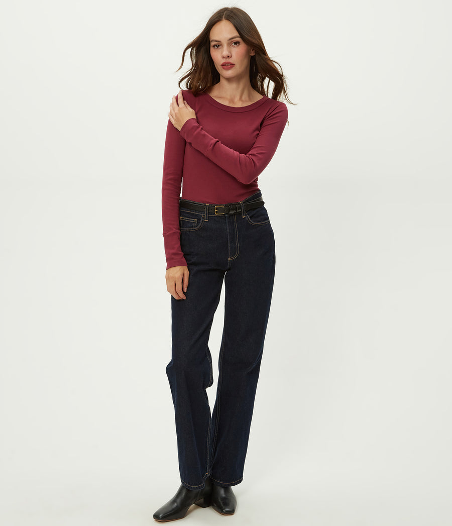 Legacy Supima Tee with Raw Edge in Garnet Red Full Body View #GARNET
