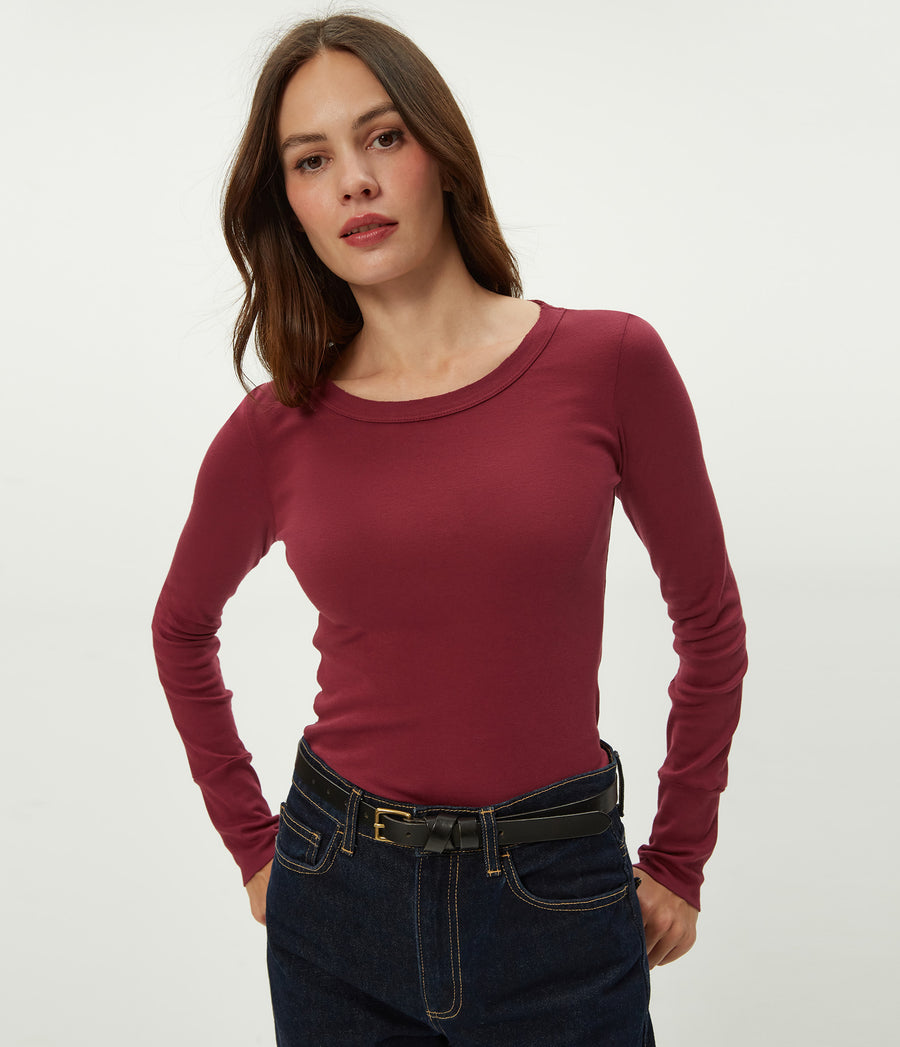 Legacy Supima Tee with Raw Edge in Garnet Red Close Up View #GARNET